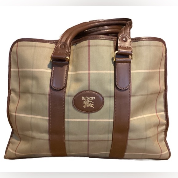 VINTAGE 1980'S BURBERRYS CHECK FABRIC WITH LEATHER ACCENTS DUFFLE BAG W/LOCK - Picture 1 of 12